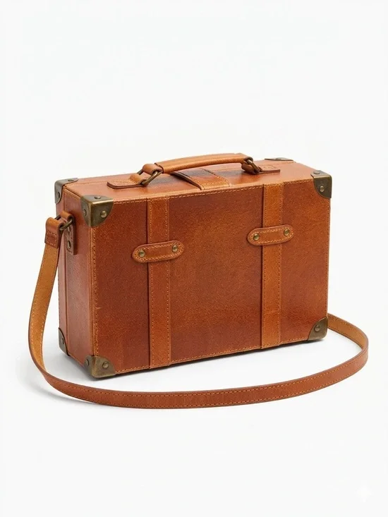 Most Wanted Vintage-Style Vegan Leather Trunk Crossbody Bag – Cognac Brown - Picture 2 of 7
